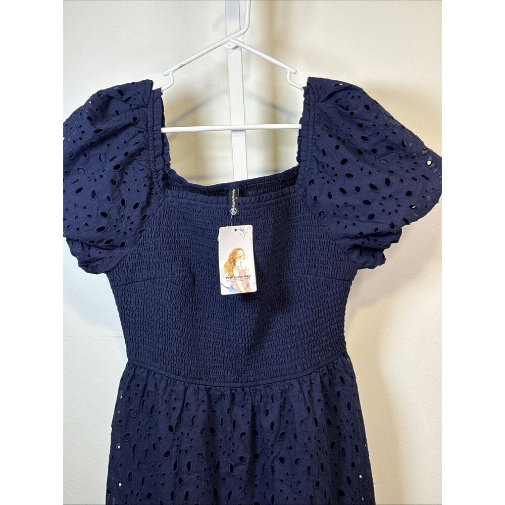 NEW Puff Sleeve Square Neck Smocked Tiered Eyelet Midi Dress sz L cottage smocke - Picture 2 of 7